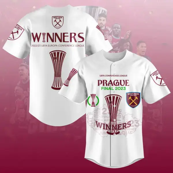 Winners 2023 UEFA Europa Conference League West Ham United White Design Baseball Jersey Image