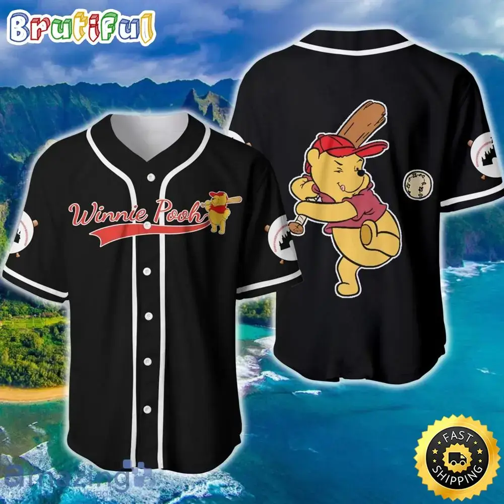 Winnie Pooh Red Black Cute Disney Baseball Jersey Image