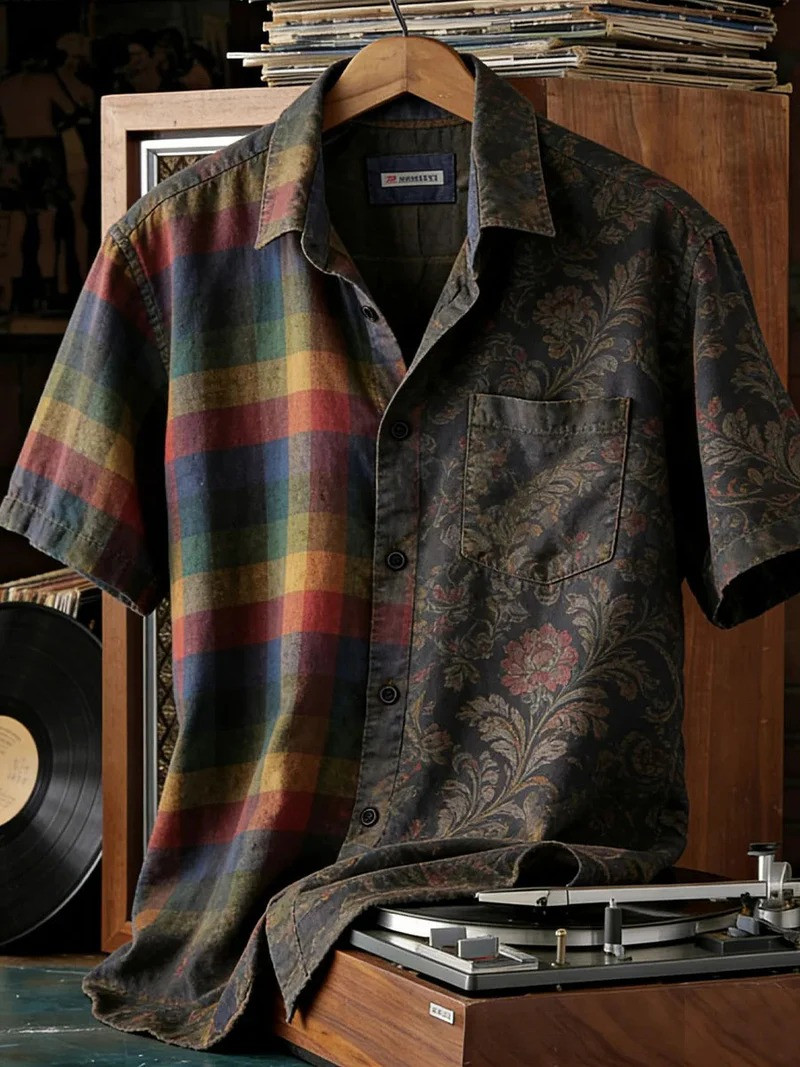 Artistic Rainbow Checkered Damask Floral Button Shirt Vintage Boho Split Clothing Gift Ideas