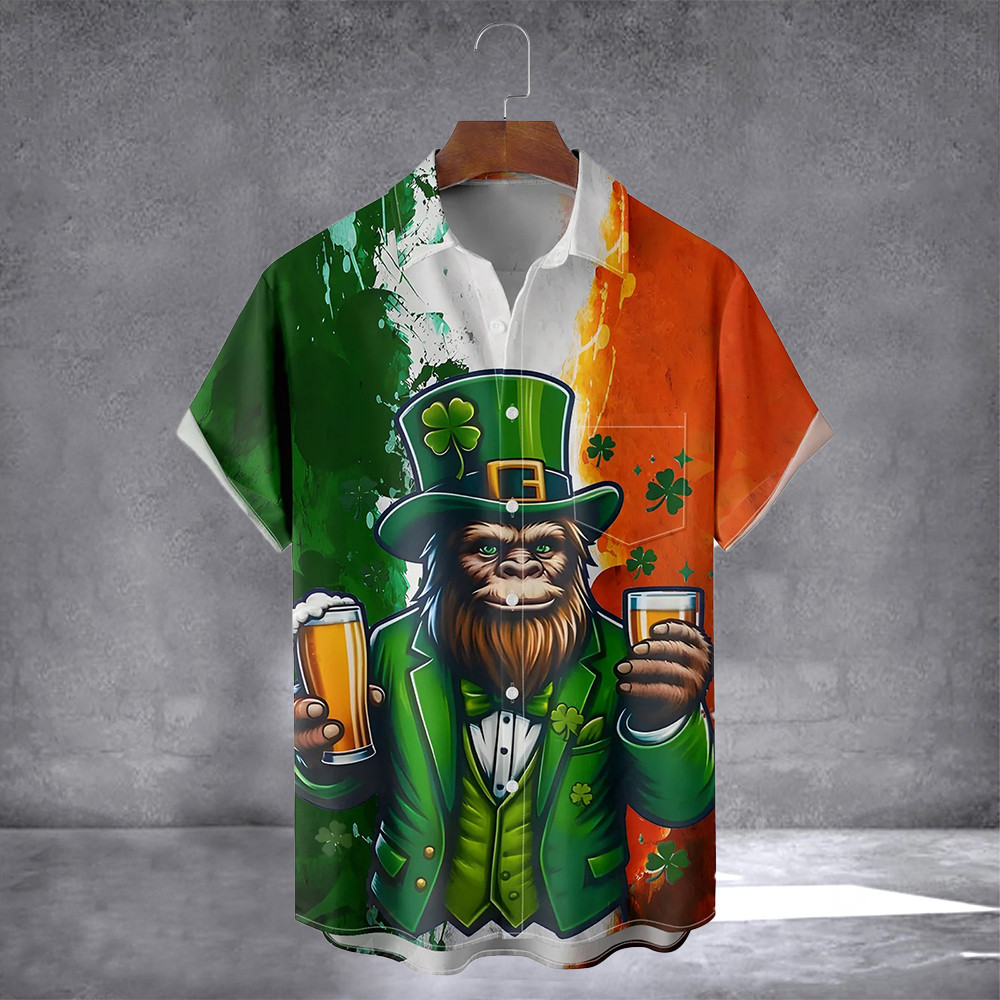 Bigfoot And Beer Irish Hawaiian Shirt With Pocket Funny St Patricks Day Shirts Gifts For Dad