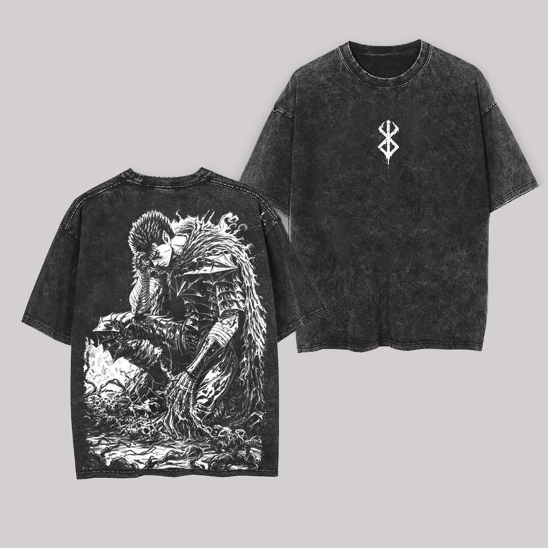 Black Knight Guts Berserk Retro Vintage Unisex Oversize Anime Manga Washed Heavyweight Cotton T-shirt, Gift For Anime Fan, Anime Lover