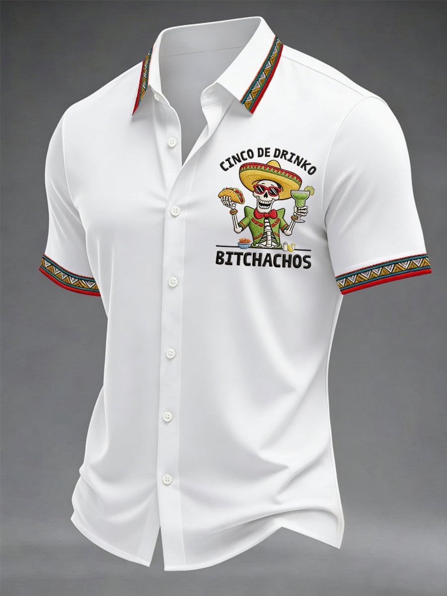 Cinco De Mayo Fiesta Button Shirt Cinco De Drinko Bitchachos Skeleton Clothing Gift For Men