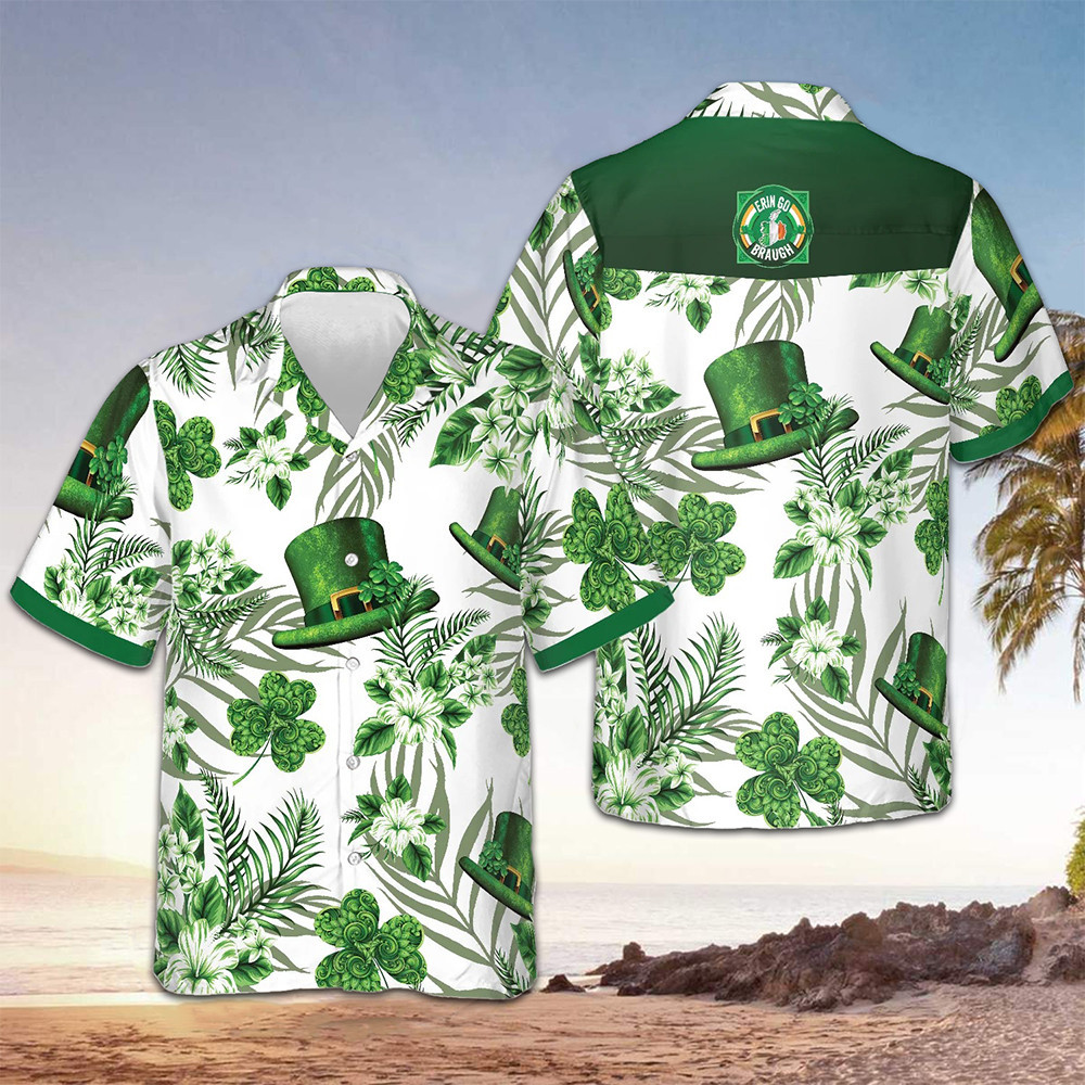 Erin Go Bragh Ireland Shamrock Hawaiian Shirt St Patrick's Day Button Up Shirt Clothing