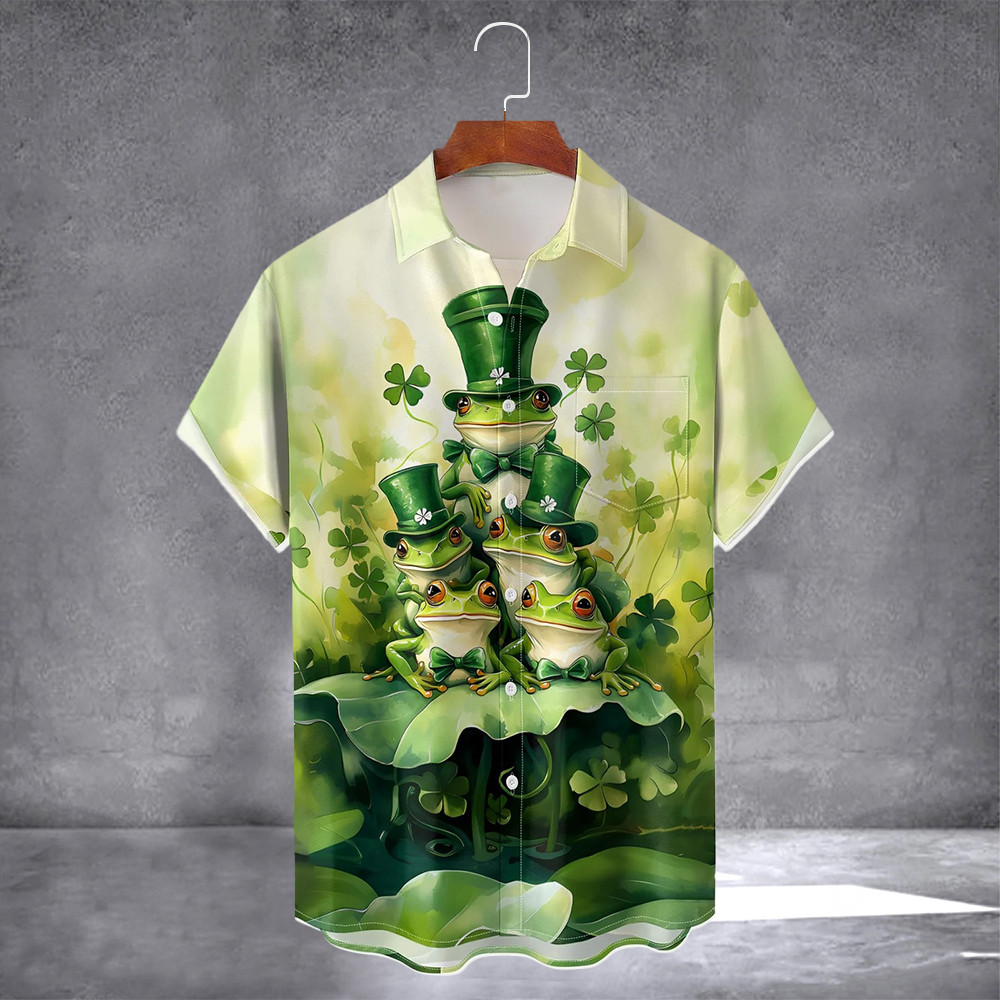 Frog Family Four-Leaf Clover Green Hawaiian Shirt With Pocket Mens St Patricks Shirt Gift For Son