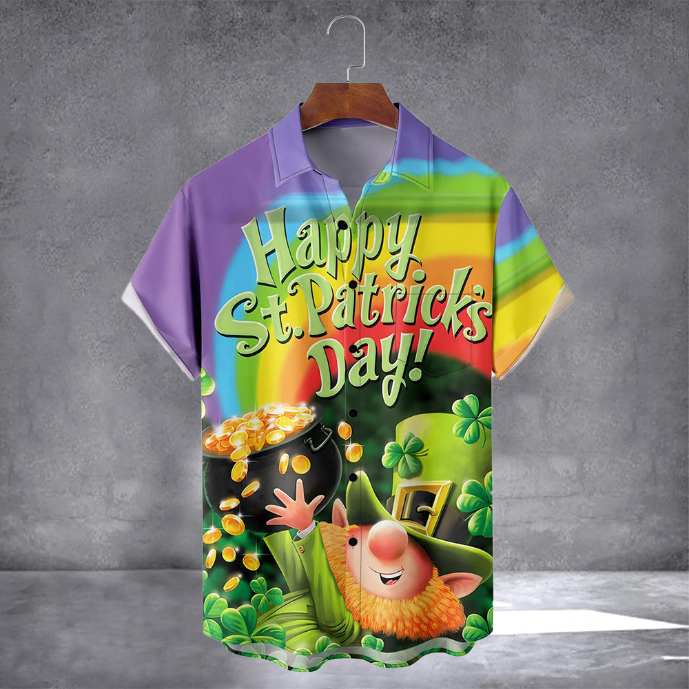 Happy St Patrick's Day Rainbow Hawaiian Shirt With Pocket Funny Button Up Shirt Gifts For Irish