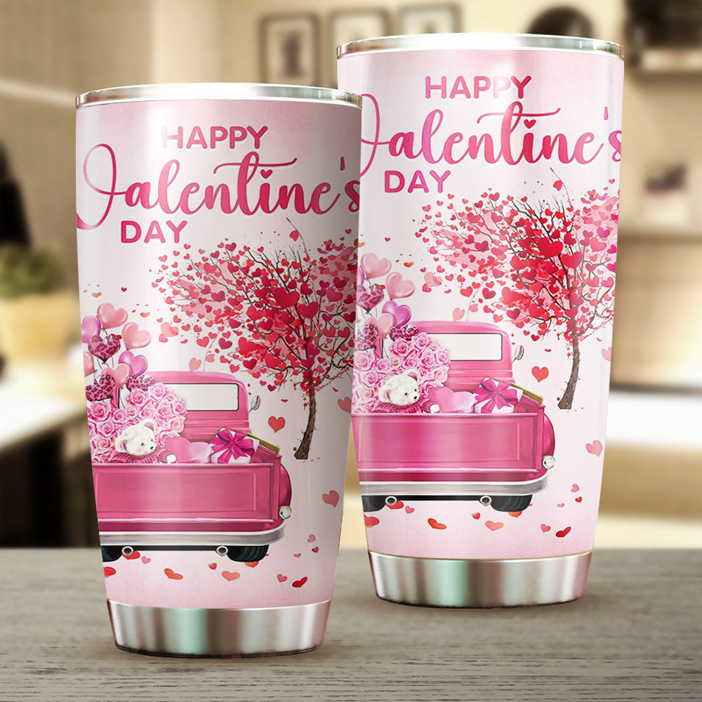 Happy Valentine’s Day Pink Truck Hearts Tree Tumbler