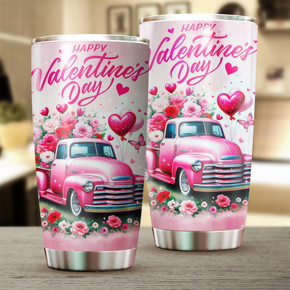 Happy Valentine’s Day Pink Truck Tumbler