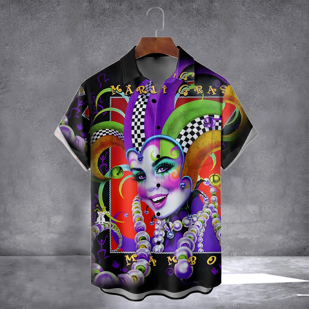 Hardaddy Mardi Gras Mask Chest Hawaiian Shirt Saint Patricks Day Short Sleeve Shirt With Pocket