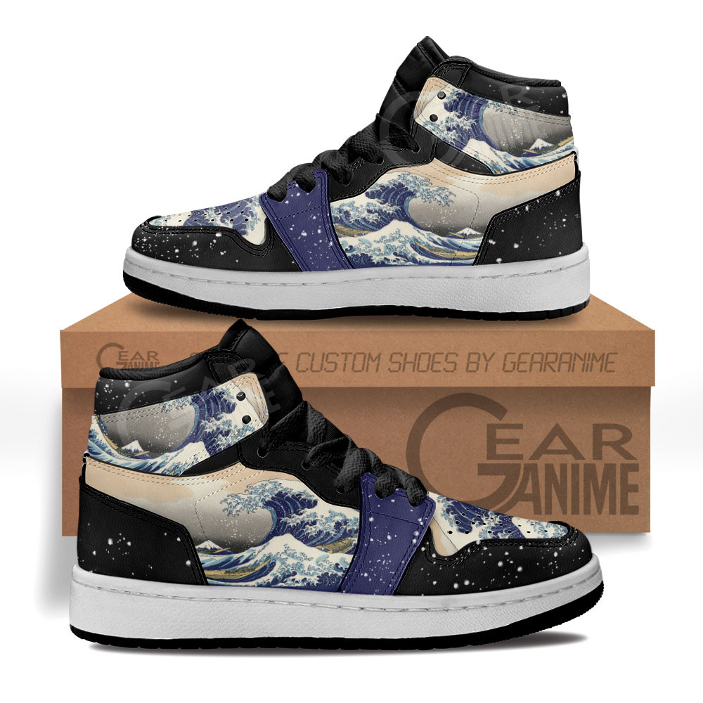 Kanagawa Great Wave Custom Anime Kids High-Top Leather Sneakers MV1306