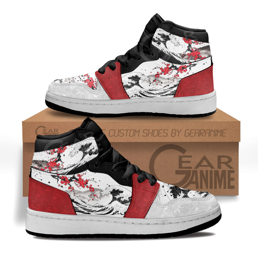 Kanagawa Great Wave Sakura Custom Anime Kids High-Top Leather Sneakers MV1406