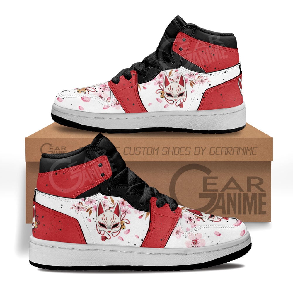 Kitsune Fox Mask Sakura Custom Anime Kids High-Top Leather Sneakers MV1306