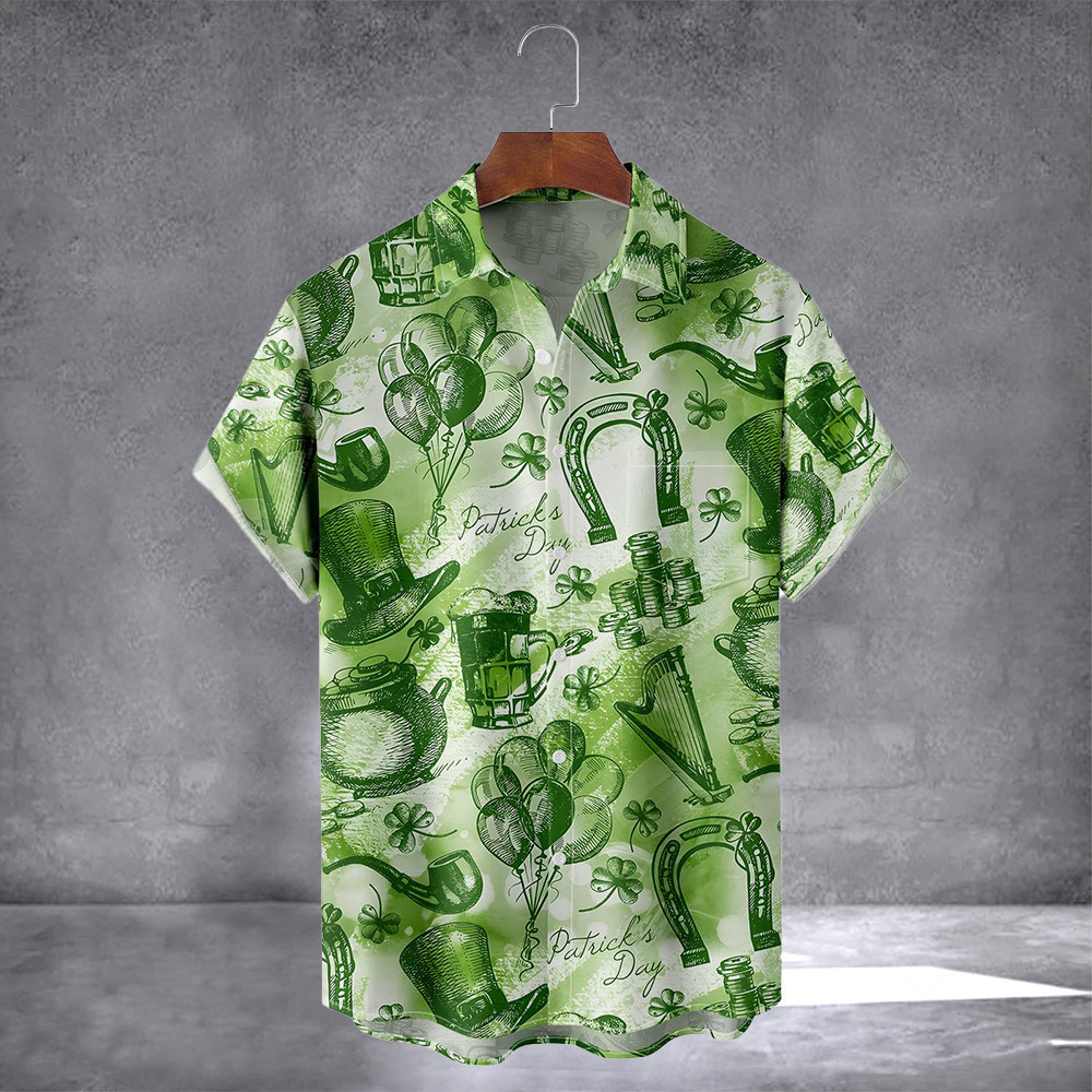 Lucky Clover Gold Coins And Beer Pattern Hawaiian Shirt With Pocket Patrick's Day Shirt For Men