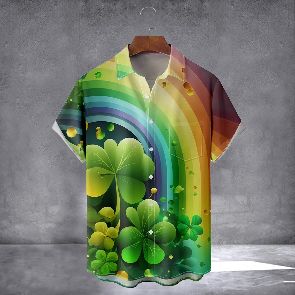 Lucky Four-Leaf Clover Hawaiian Shirt With Pocket St Patricks Shirts Patrick'S Day Gifts