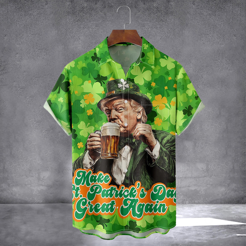 Make St Patrick's Day Great Again Trump Drinking Hawaiian Shirt With Pocket Patrick's Day Shirt