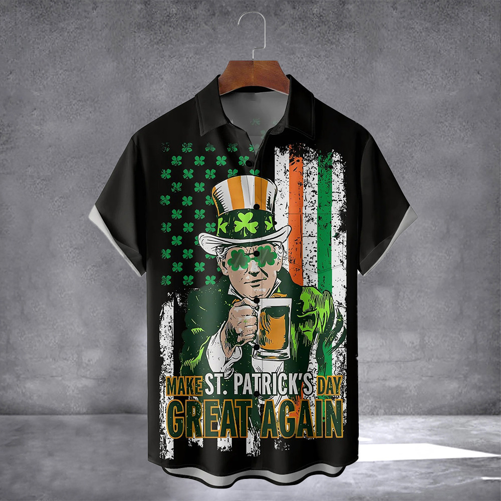 Make St Patrick's Day Great Again Trump Shamrock Hawaiian Shirt With Pocket Patrick's Day Gifts