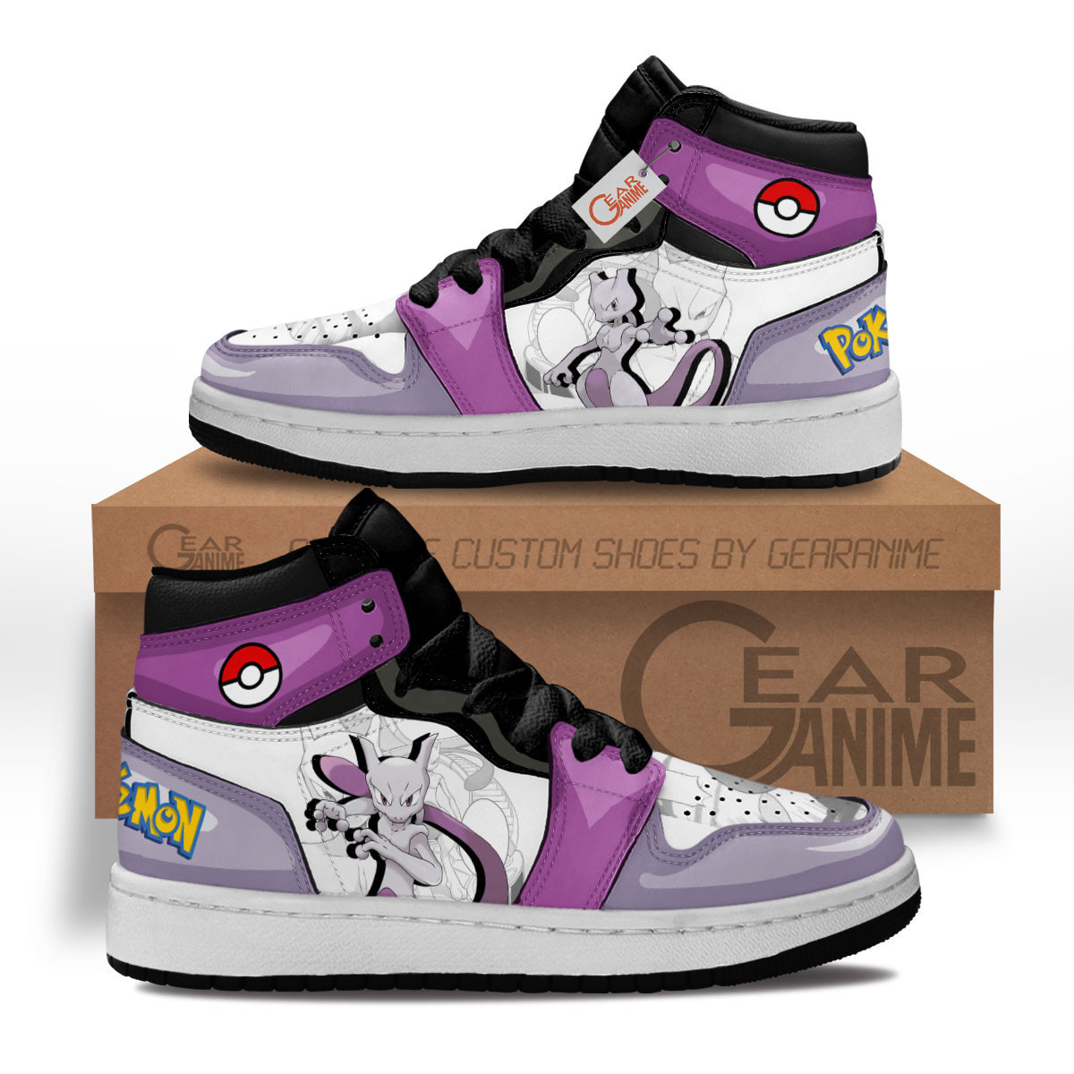 Mewtwo Custom Anime Kids High-Top Leather Sneakers Gifts For Fans