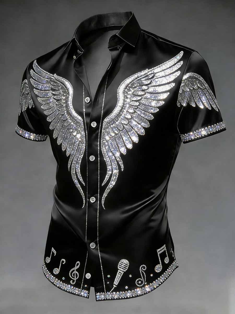 Michael Jackson Merch Movie MJ Angel Wings Sparkle Button Shirt Short Sleeve Gift For MJ Lovers