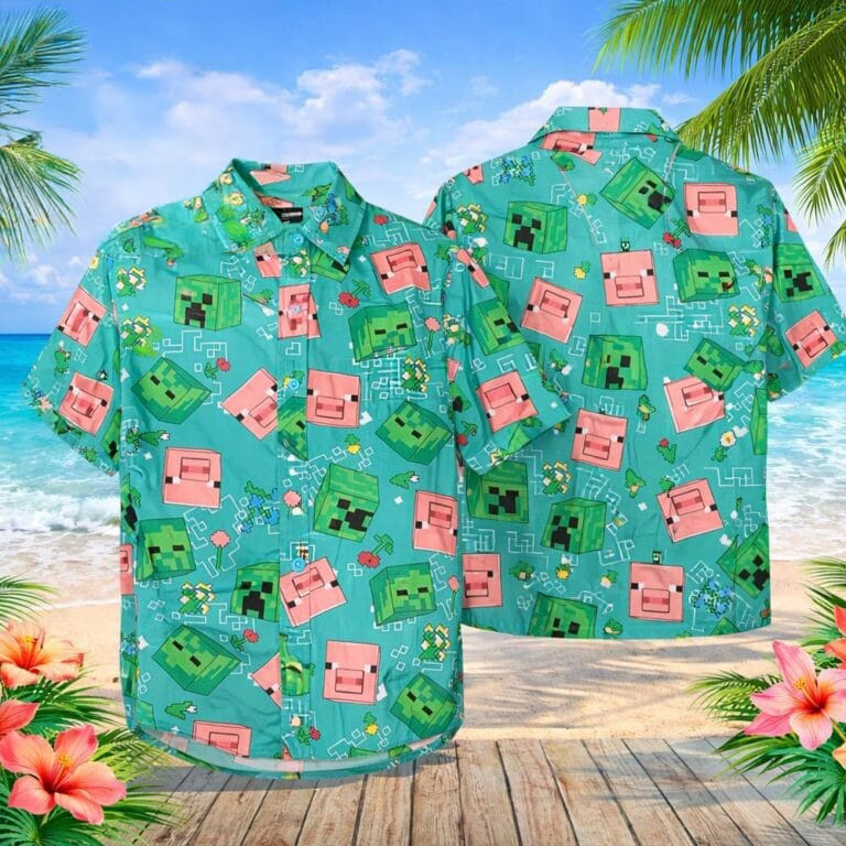 Minecraft Creeper And Pig Merch Summer Hawaiian Shirt Perfect Gift For Gamers