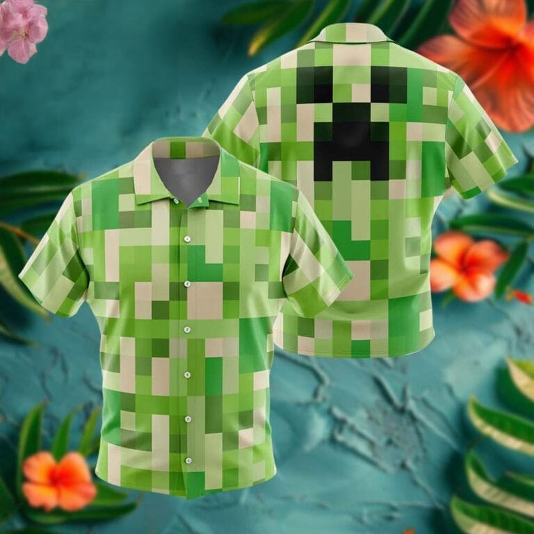 Minecraft Creeper Merch Pattern Button Up Summer Hawaiian Shirt Beach Party Outfit Gift