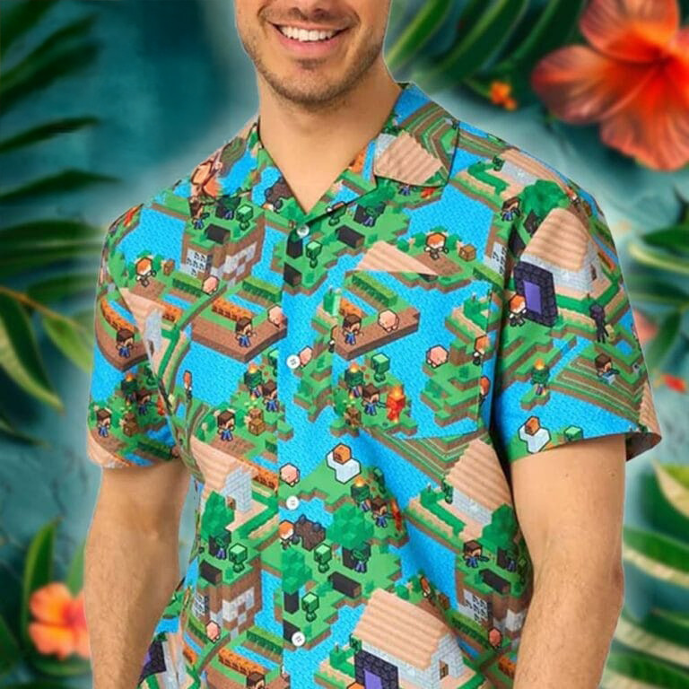 Minecraft Overworld Merch Summer Hawaiian Shirt Landscape Pixel Art Aloha Shirt Gamers Gift