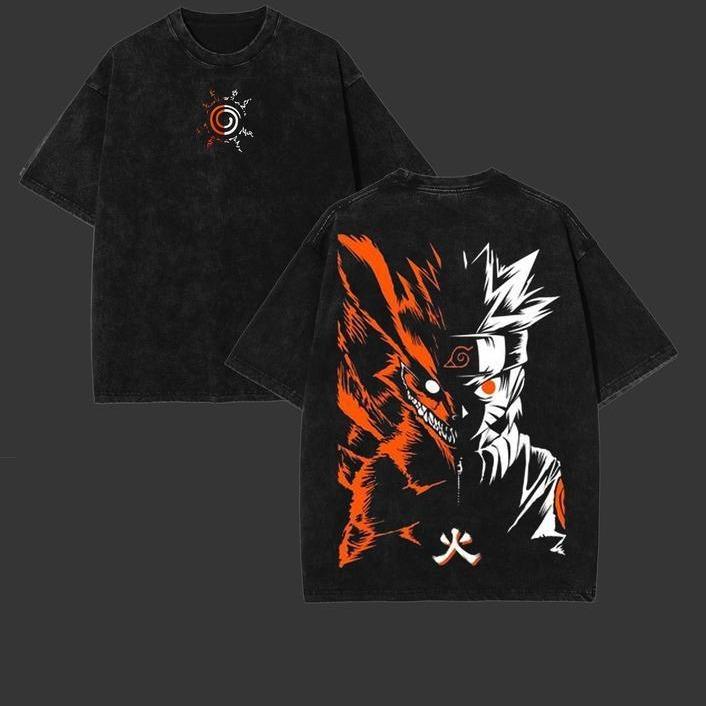 Naruto Nine Tails Ver3 - Naruto Anime Double Printed Vintage Washed Tee Unisex Oversize