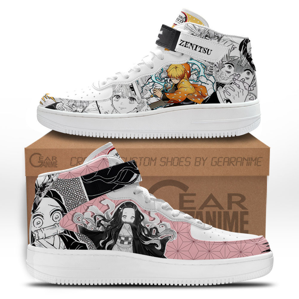 Nezuko and Zenitsu Custom Anime Mid-Top Leather Sneakers Mixed Manga
