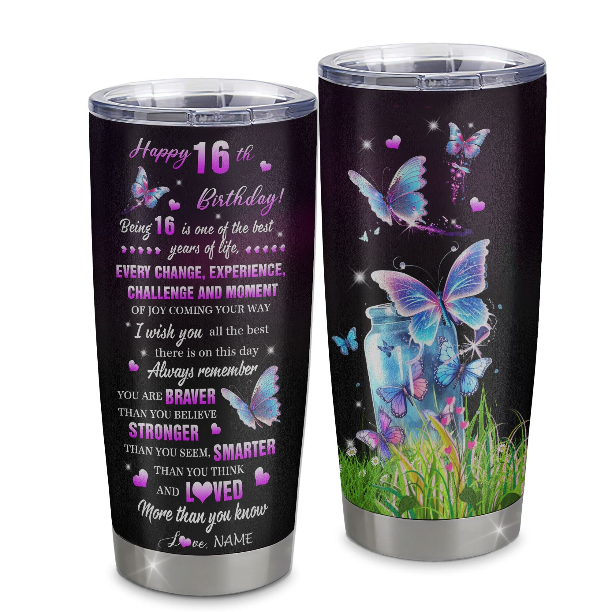Personalized Happy 16th Birthday Decorations Tumbler Stainless Steel Cup Butterfly Sixteen 16 Gifts For Girls Teen Birthday 16 Year Old Travel Mug Gift