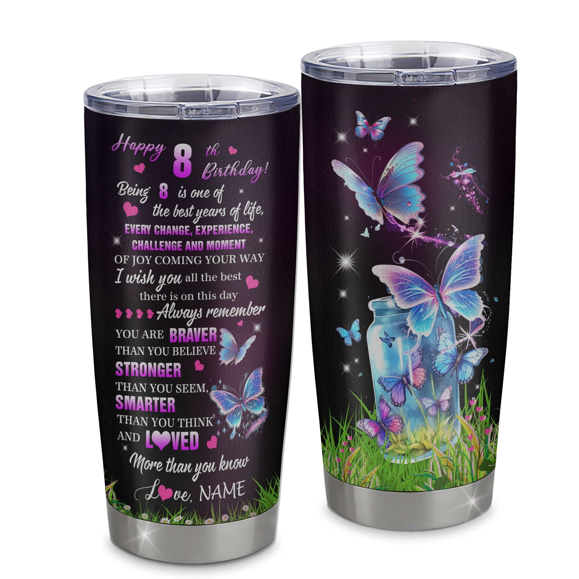 Personalized Happy 8th Birthday Decorations Tumbler Butterfly Sweet Twenty Sweet 8 Gifts For Girls Teen Birthday 8 Year Old Gift