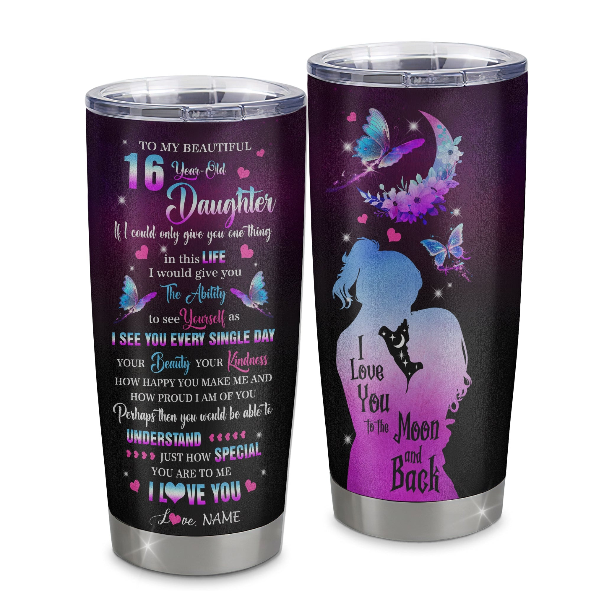 Personalized Sweet 16 Gifts For Girls Daughter Tumbler Stainless Steel Cup From Mom Butterfly Sixteen 16 Year Old Birthday Decorations Travel Mug Gift
