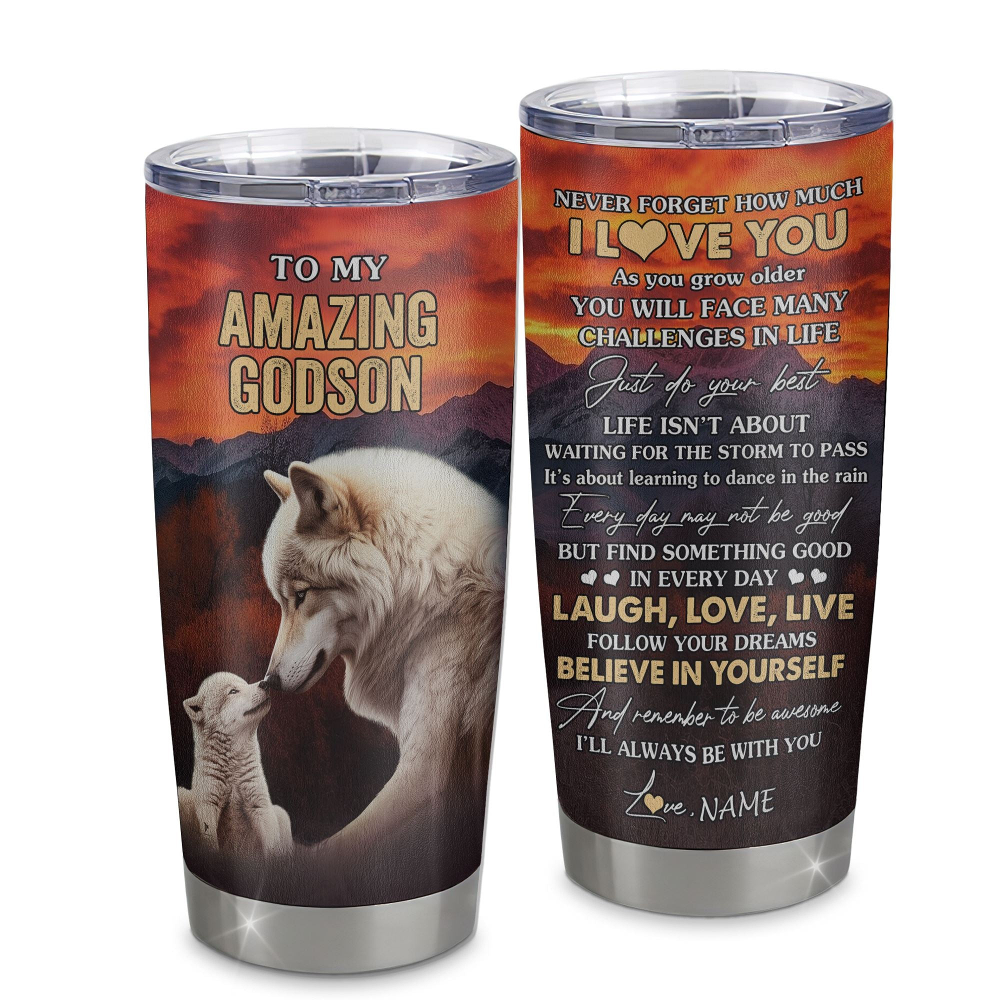 Personalized To My Amazing Godson Tumbler From Godmother Uncle Aunt Never Forget I Love You Wolf Godchild Birthday Gifts Graduation Graduation Gift