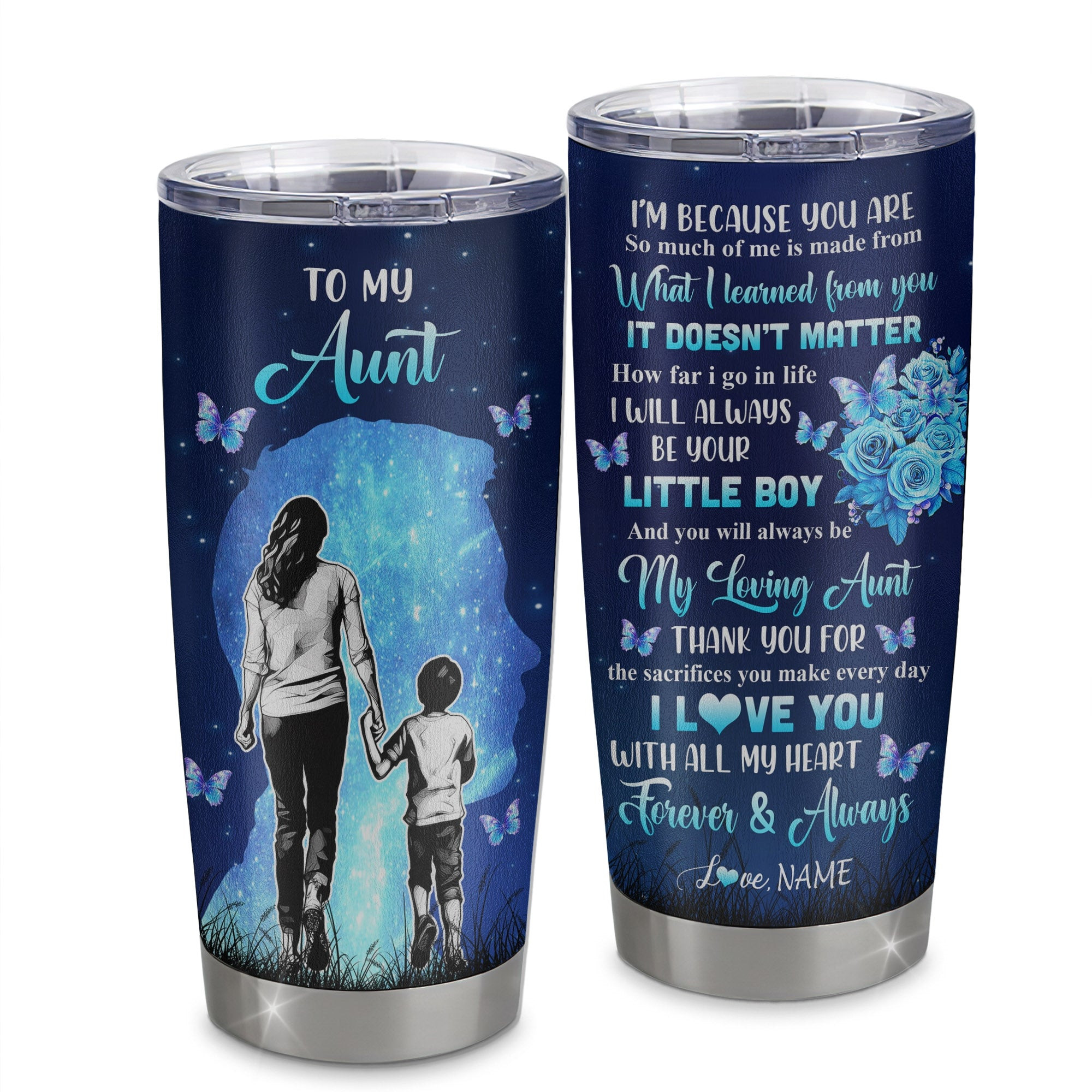 Personalized To My Aunt Tumbler From Nephew Stainless Steel Cup Butterfly Forever And Always Aunt Gift Birthday Mothers Day Thanksgiving Gift