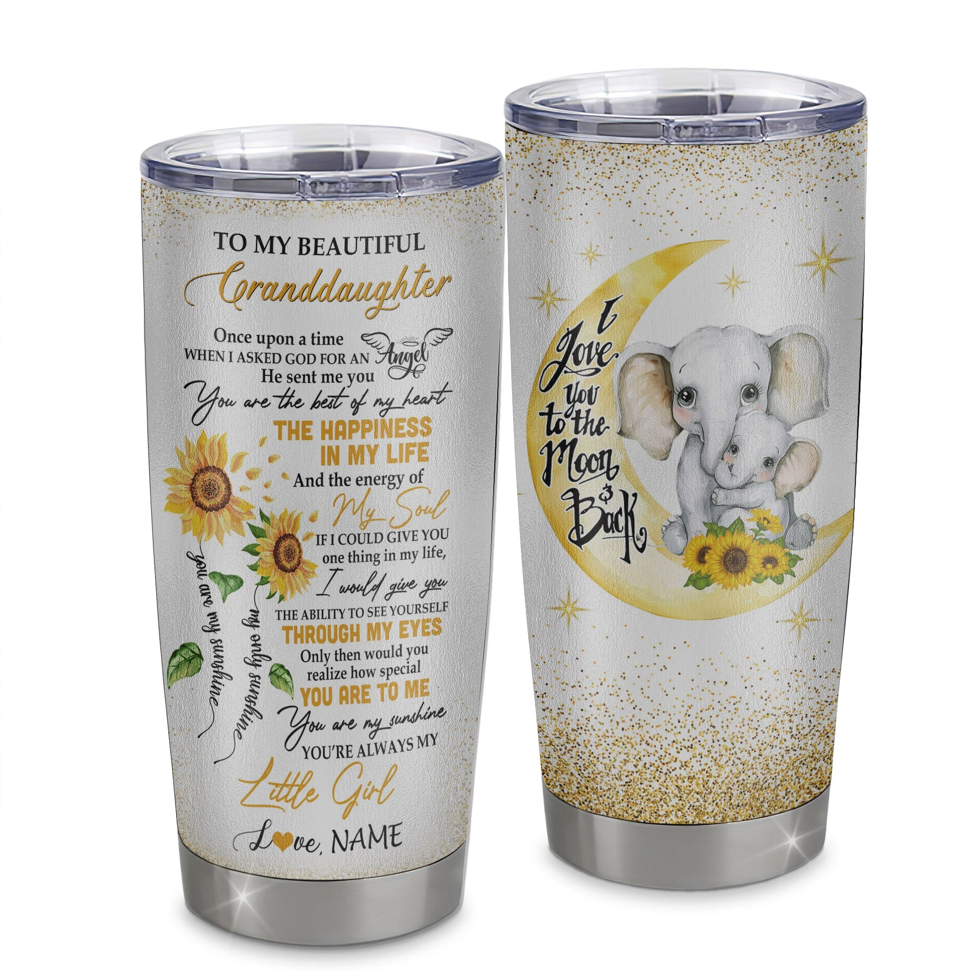Personalized To My Beautiful Granddaughter From Grandma Stainless Steel Tumbler Cup I Love You To Moon Elephant Suower Granddaughter Birthday Gift