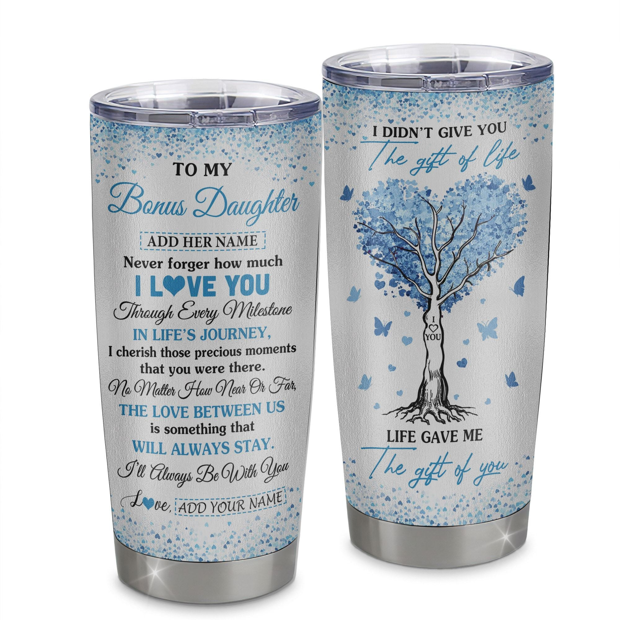 Personalized To My Bonus Daughter Gifts From Stepmom Stepdad Tumbler Blue Tree Butterfly Birthday Gifts For Stepdaughter Graduation Gift