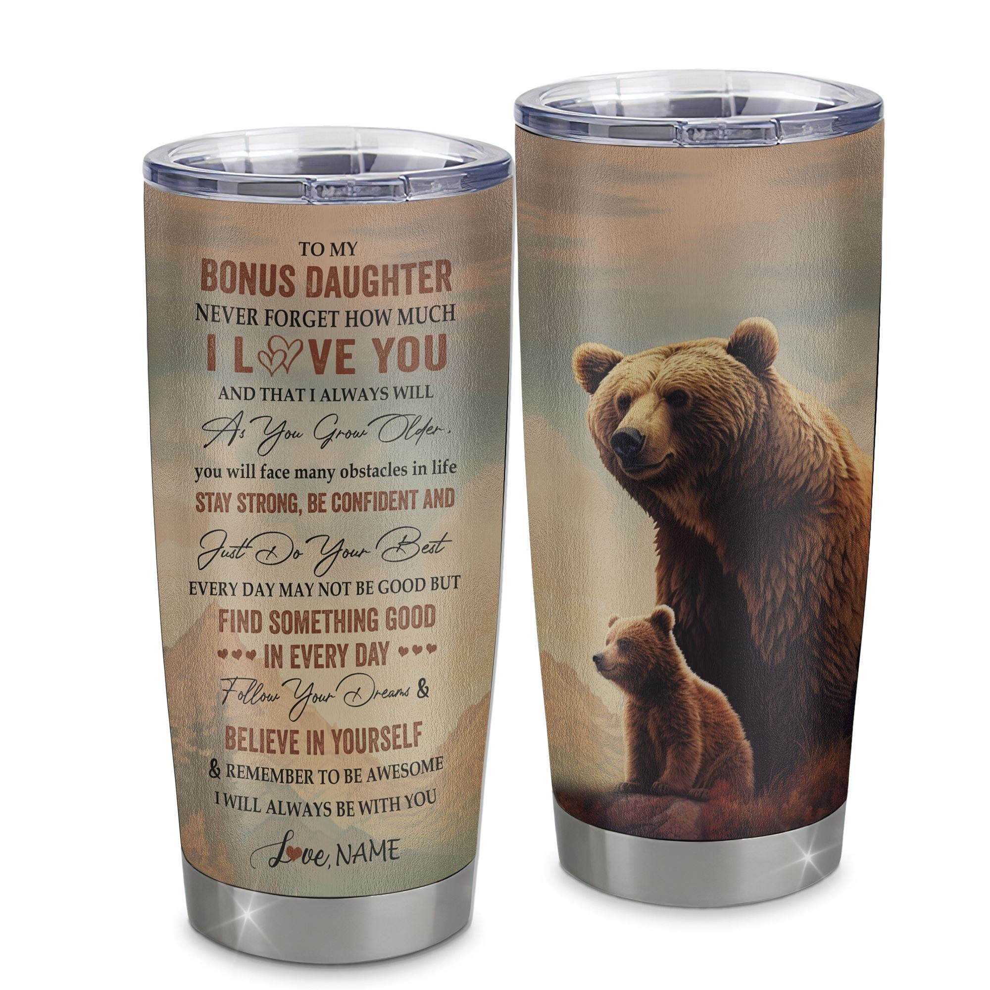 Personalized To My Bonus Daughter I Love You Forever Tumbler From Stepmom Stainless Steel Cup Bear Stepdaughter Birthday Gifts Graduation Gift