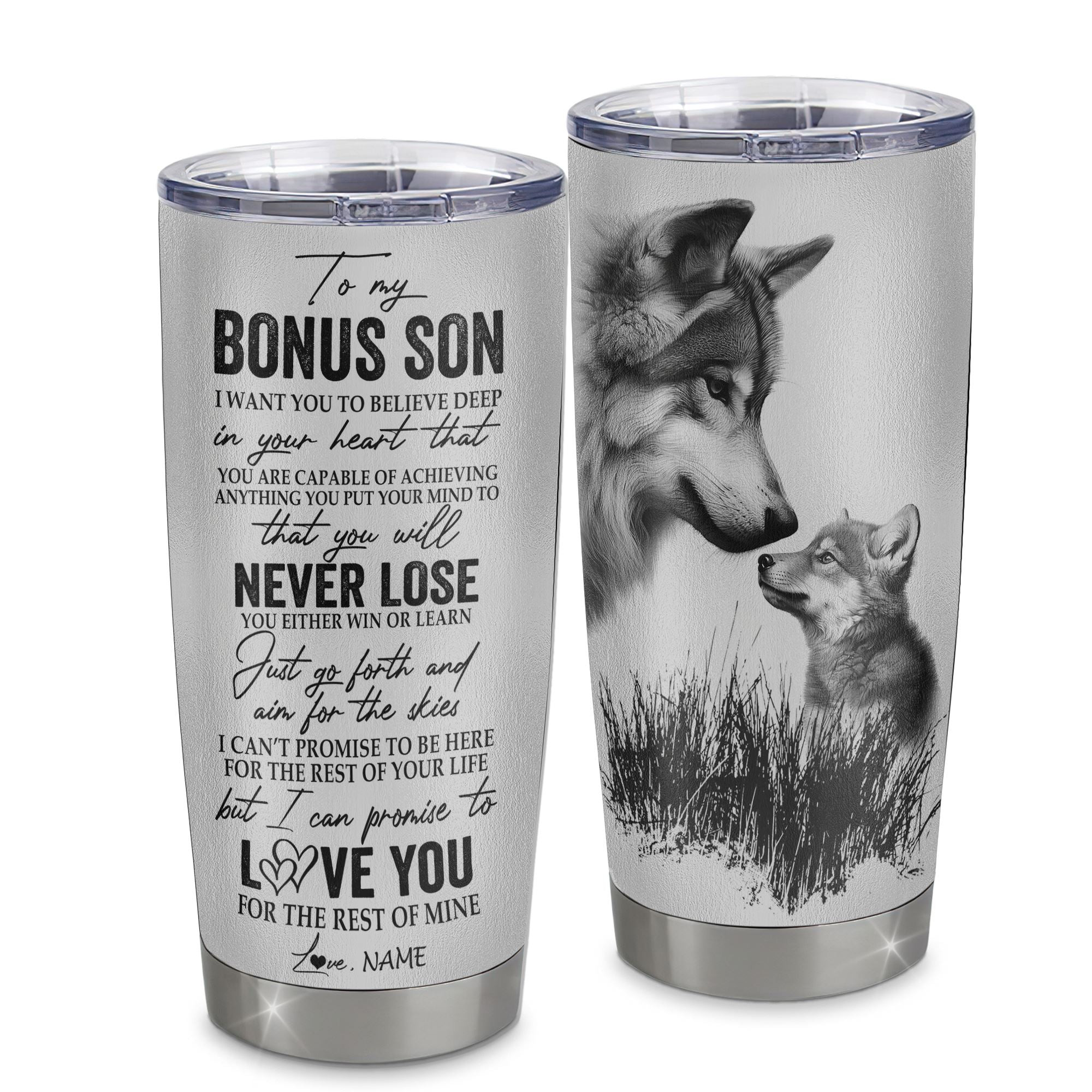 Personalized To My Bonus Son From Stepdad Stepmom Father Stainless Steel Tumbler Cup You Will Never Lose Wolf Stepson Birthday Graduation Gift