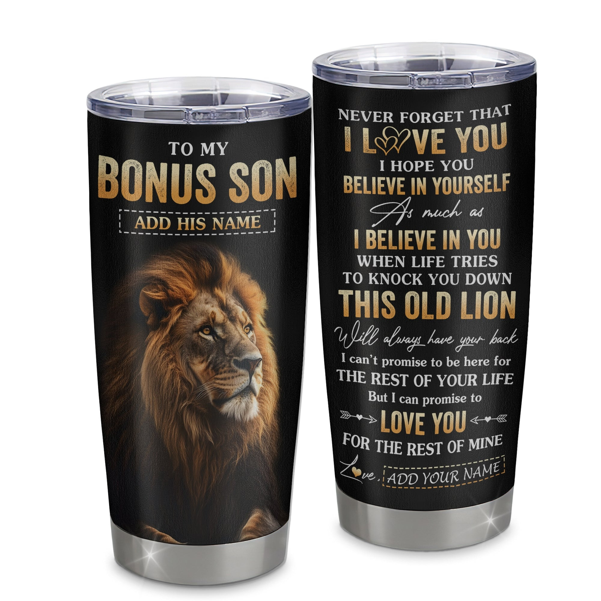 Personalized To My Bonus Son Gifts From Stepmom Stepdad Tumbler Old Lion Love You Stepson Birthday Gifts Graduation Gift