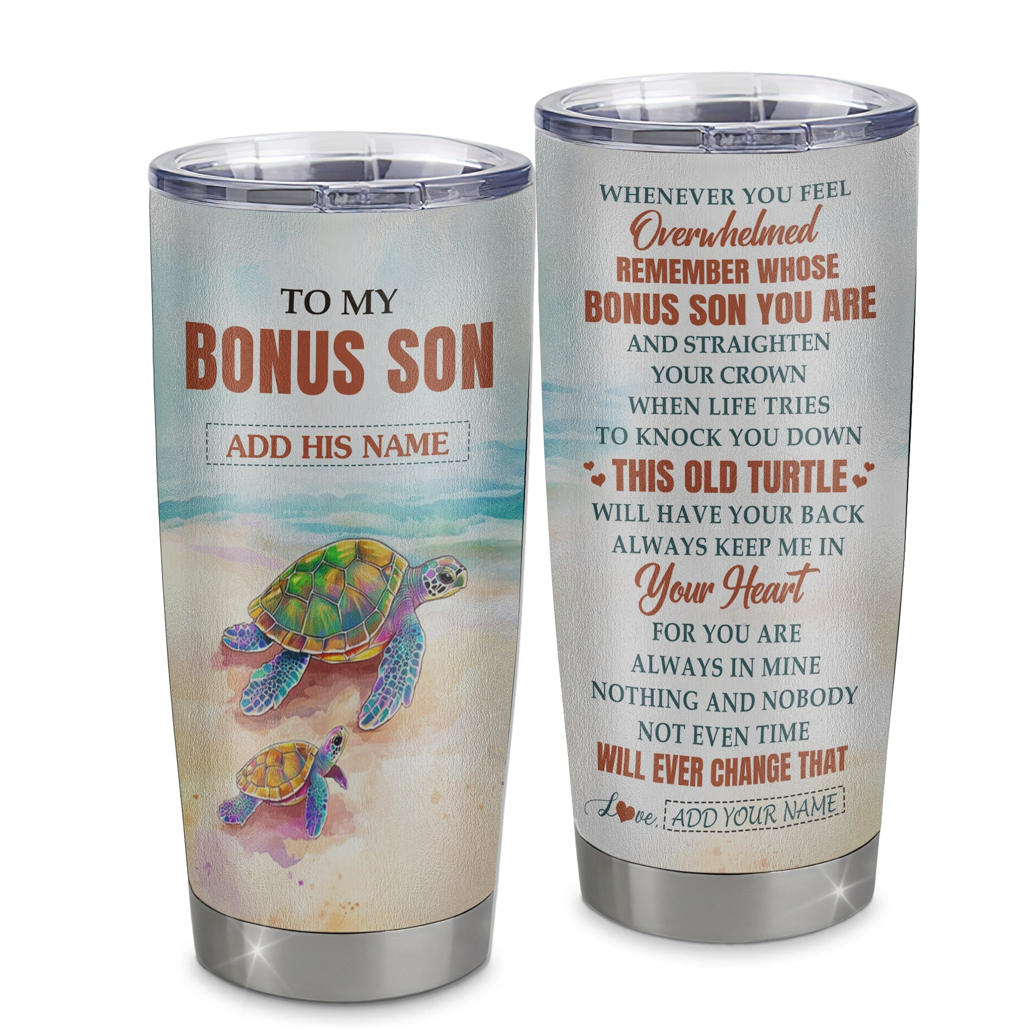 Personalized To My Bonus Son Gifts Tumbler From Stepmom Stepdad Whenever Turtle Unique Birthday Gifts For Stepson Graduation Gift