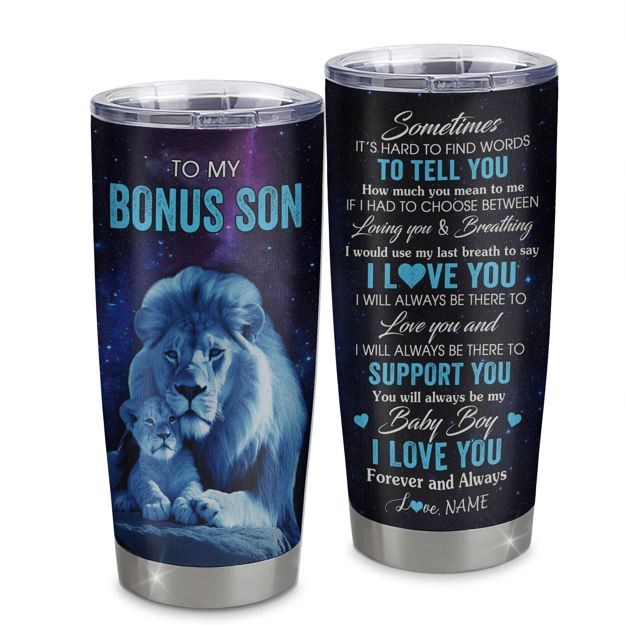 Personalized To My Bonus Son Tumbler From Stepdad Stainless Steel Cup Sometimes It's Hard Lion Stepson Gift Birthday Graduation Gift