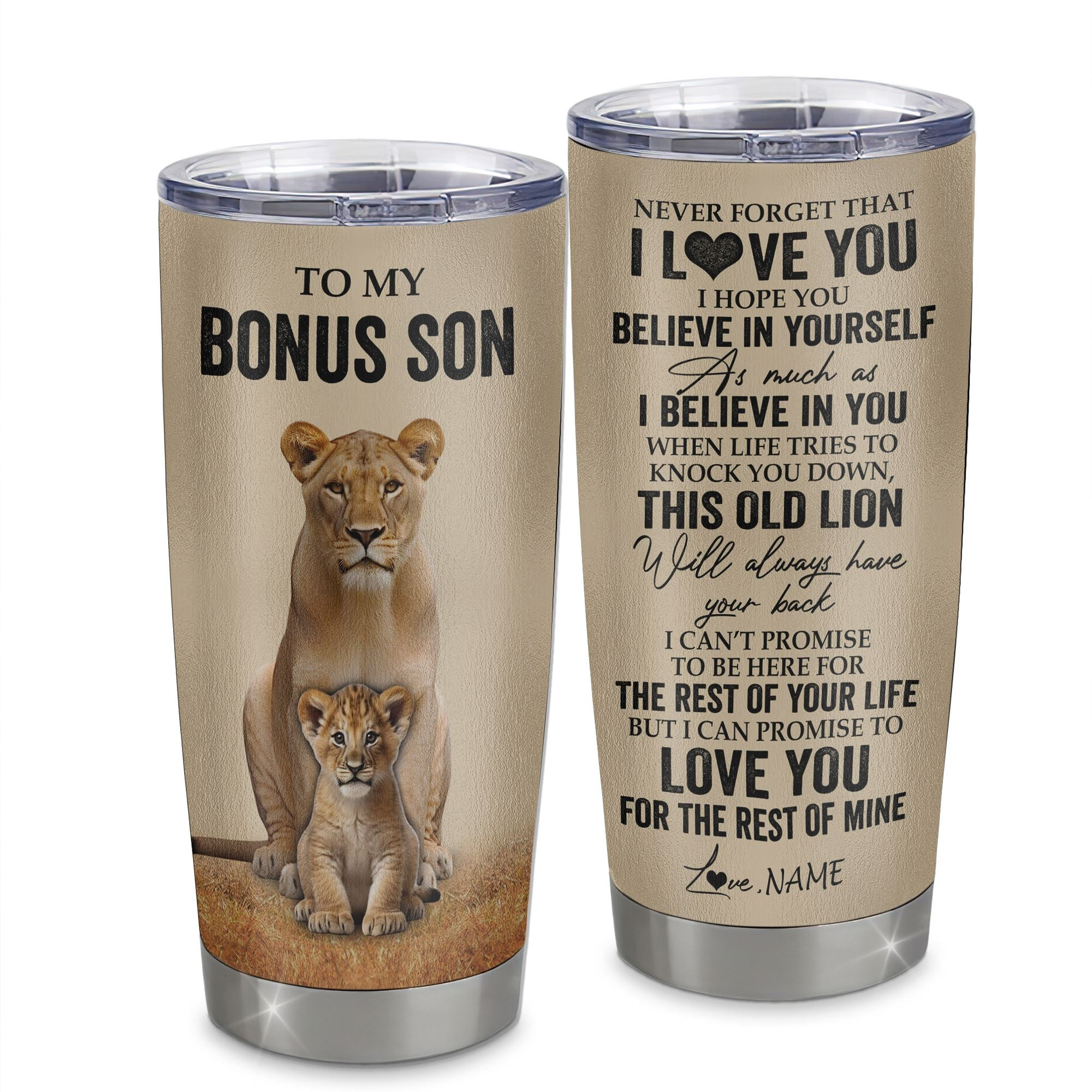 Personalized To My Bonus Son Tumbler From Stepmom Lion Stainless Steel Cup Never Forget That I Love You Stepson Birthday Gifts Graduation Gift