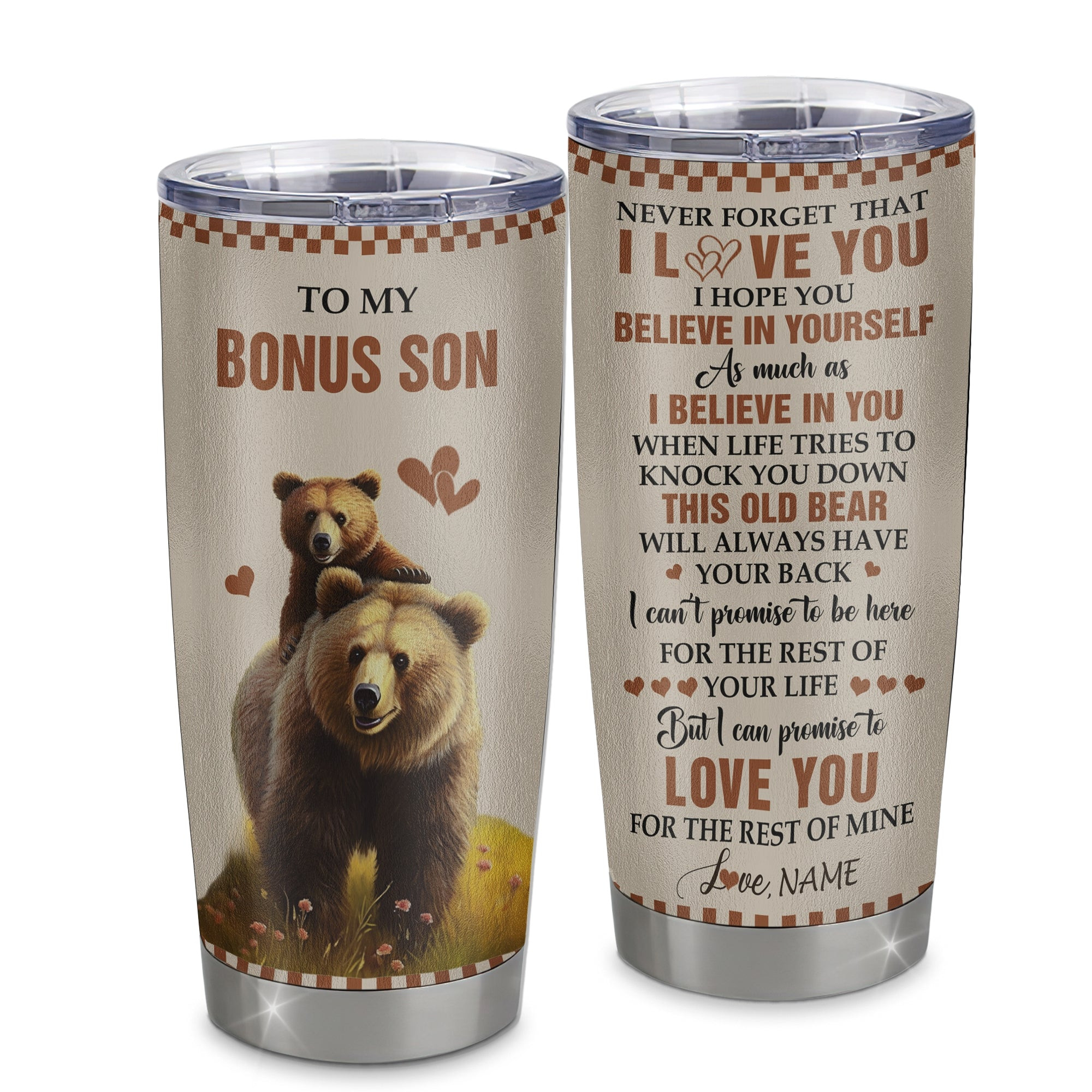 Personalized To My Bonus Son Tumbler From Stepmom Stepdad Stainless Steel Cup This Old Bear Love You Stepson Birthday Gifts Graduation Gift