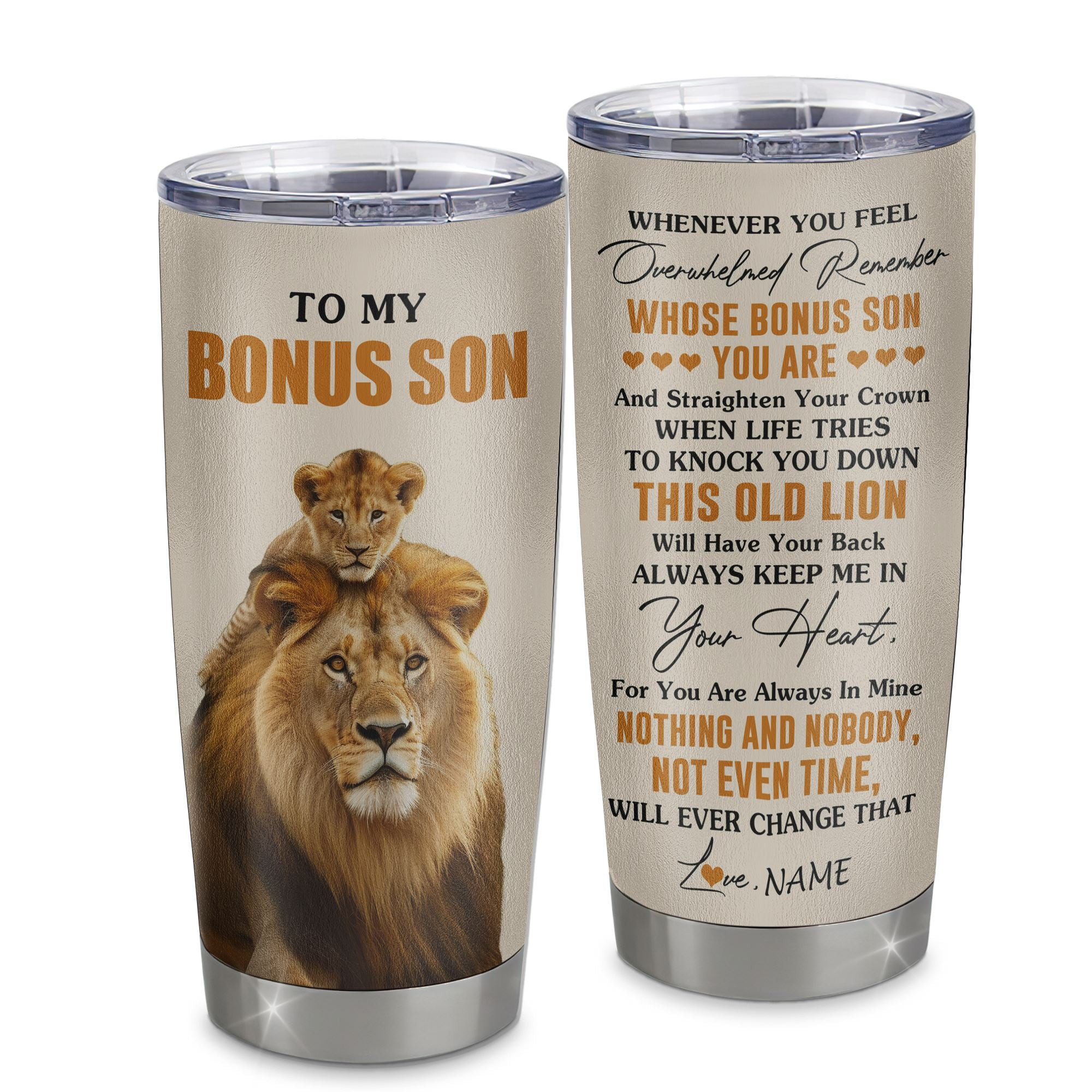 Personalized To My Bonus Son Tumbler Stainless Steel Cup From Stepdad Whenever You Fell Overwhelmed Lion Stepson Birthday Gifts Graduation Gift