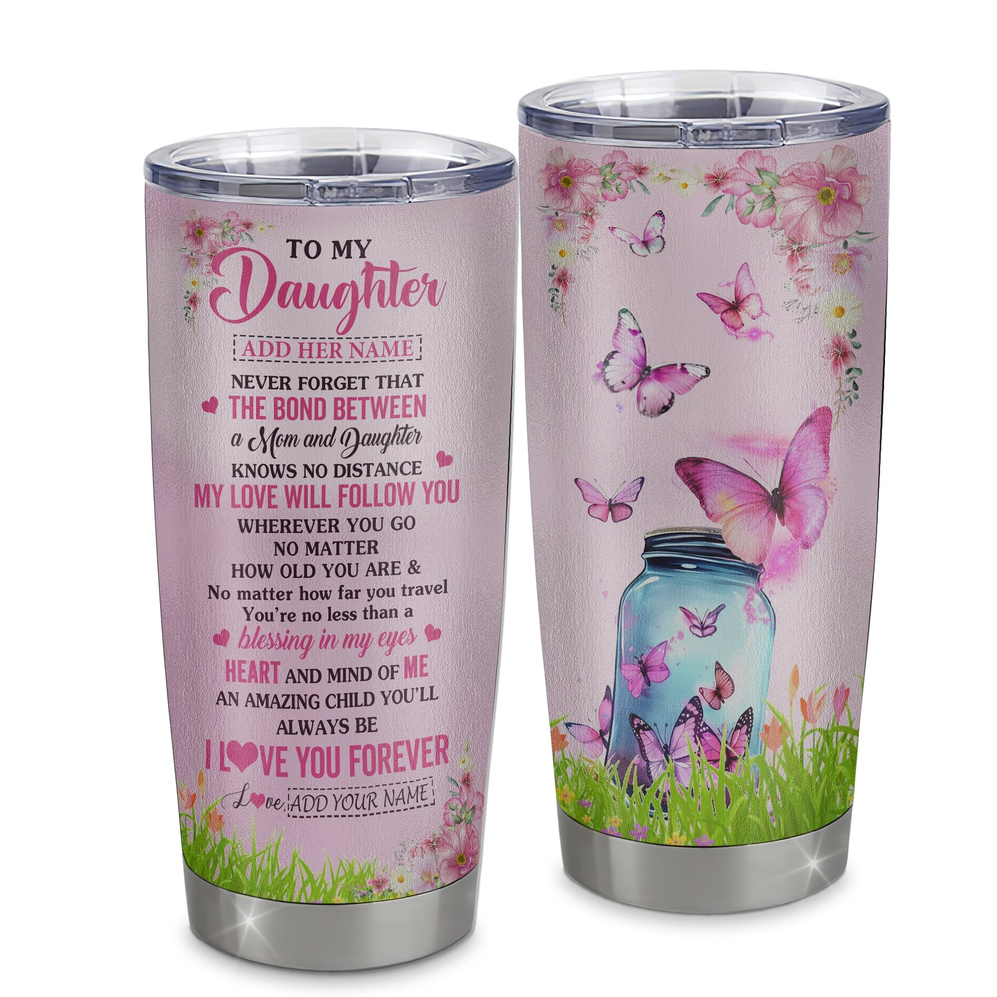 Personalized To My Daughter Butterfly Tumbler From Mom Mother The Bond Between Daughter Birthday Gifts Graduation Stainless Steel Insulated Custom Mug Gift