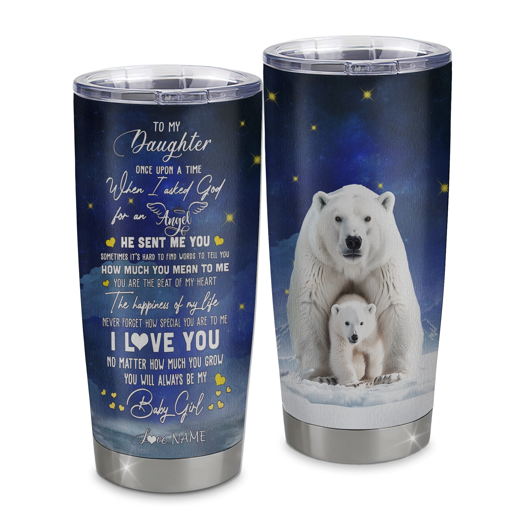 Personalized To My Daughter Tumbler From Mom Mother Dad Stainless Steel Cup Polar Bear Never Forget I Love You Daughter Birthday Gift