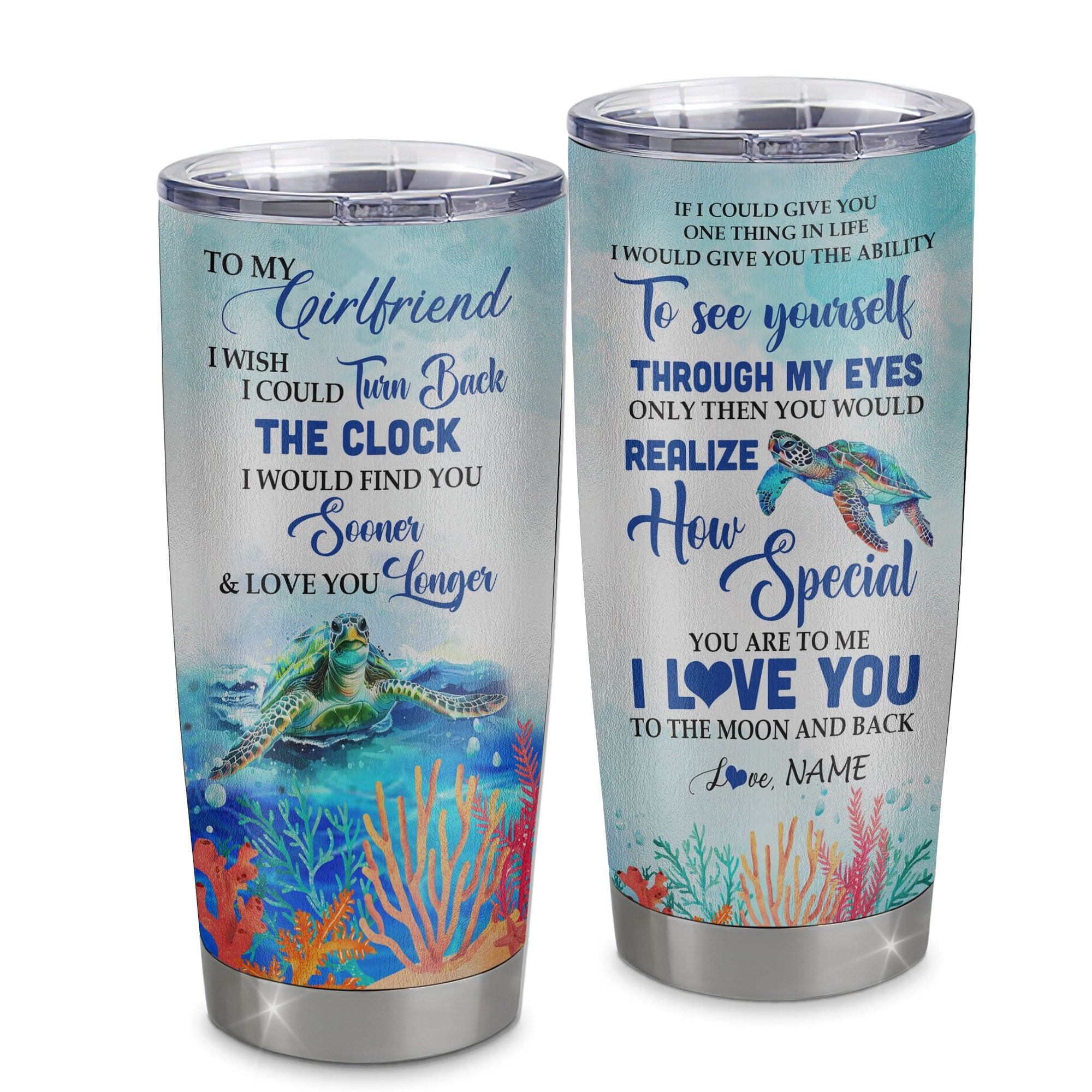 Personalized To My Girlfriend From Boyfriend Stainless Steel Tumbler Cup I Wish I Could Turn Back The Clock Turtle Girlfriend Birthday Valentines Gift