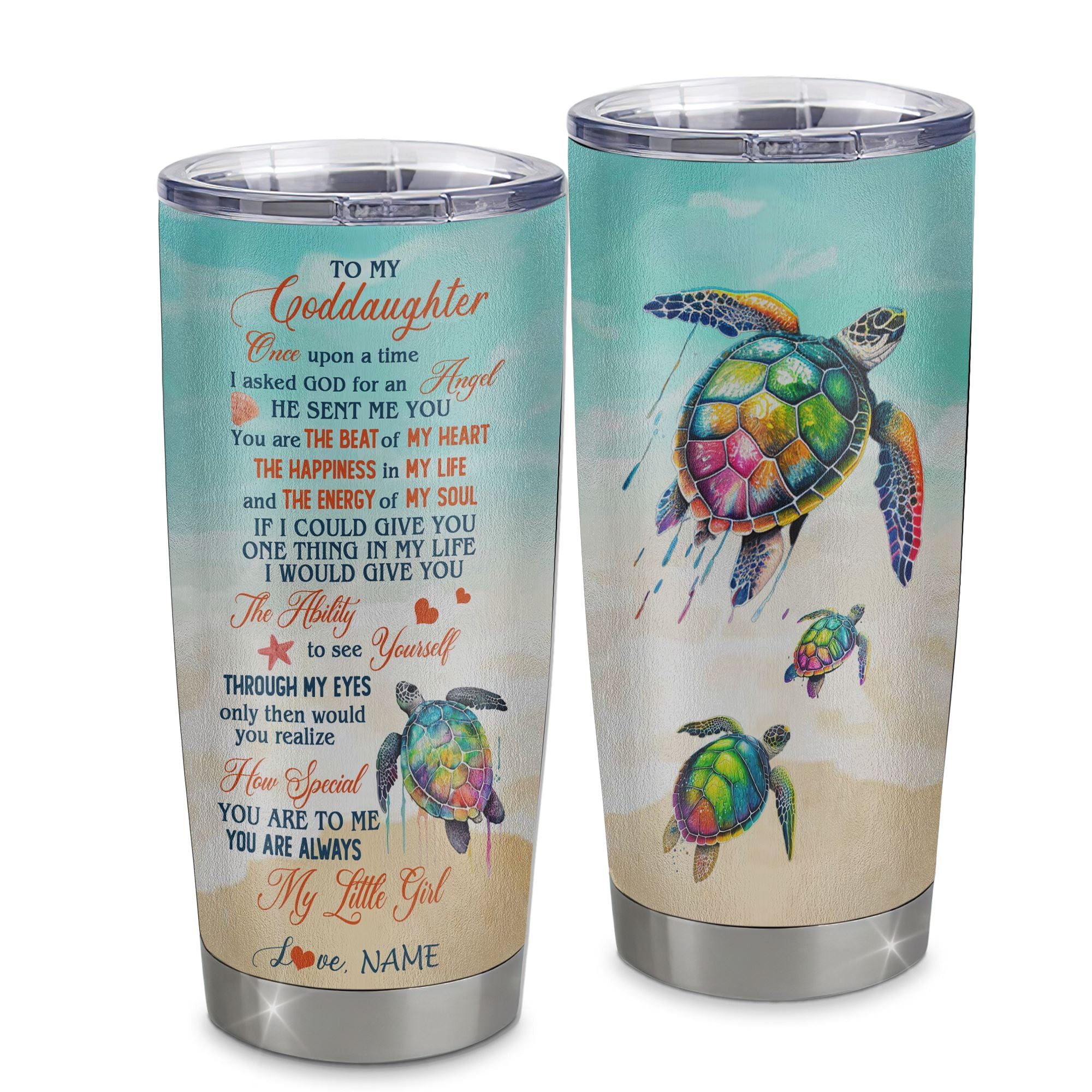 Personalized To My Goddaughter Tumbler From Godmother Uncle Aunt Stainless Steel Once Upon A Time Sea Turtle Beach Godchild Birthday Gift