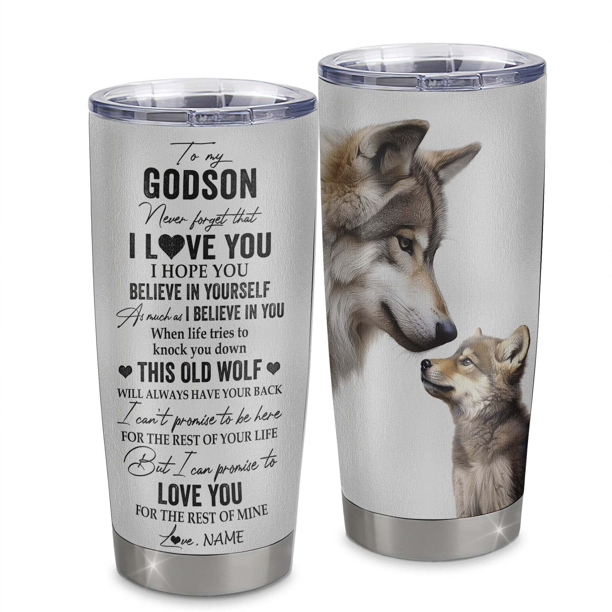 Personalized To My Godson Tumbler From Godmother Uncle Aunt Stainless Steel Cup This Old Wolf Love You Godchild Birthday Gift