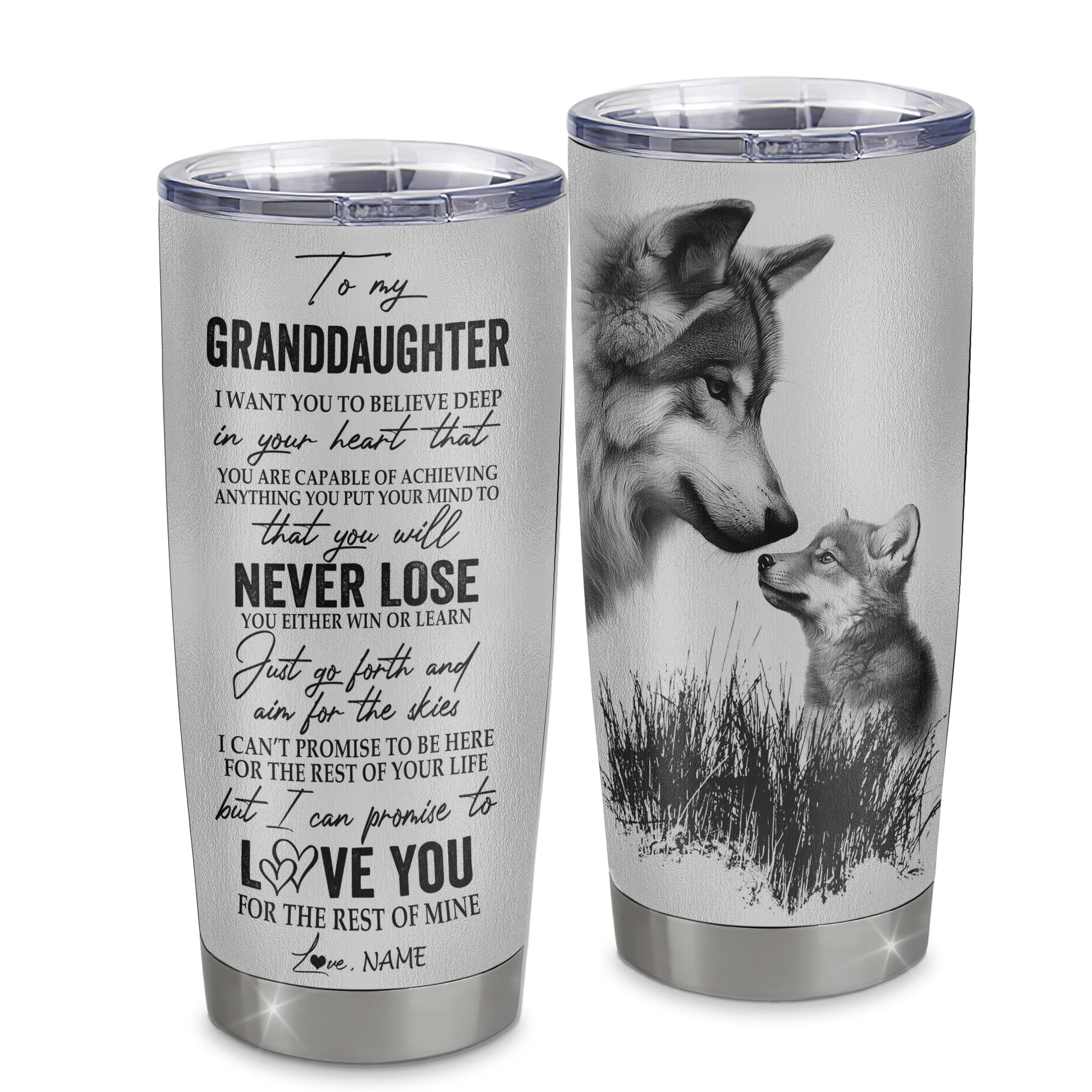 Personalized To My Granddaughter From Grandma Grandpa Stainless Steel Tumbler Cup You Will Never Lose Wolf Granddaughter Birthday Graduation Gift