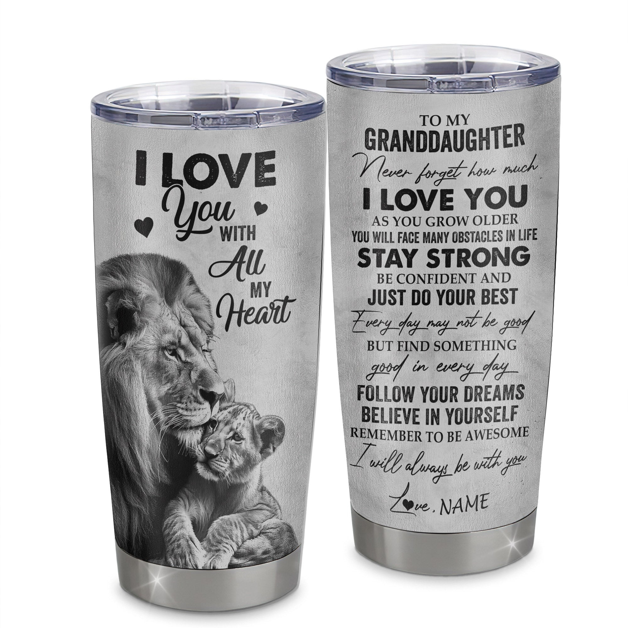 Personalized To My Granddaughter Lion Tumbler From Papa Grandpa Stainless Steel Cup I Love You With All My Heart Granddaughter Birthday Gift