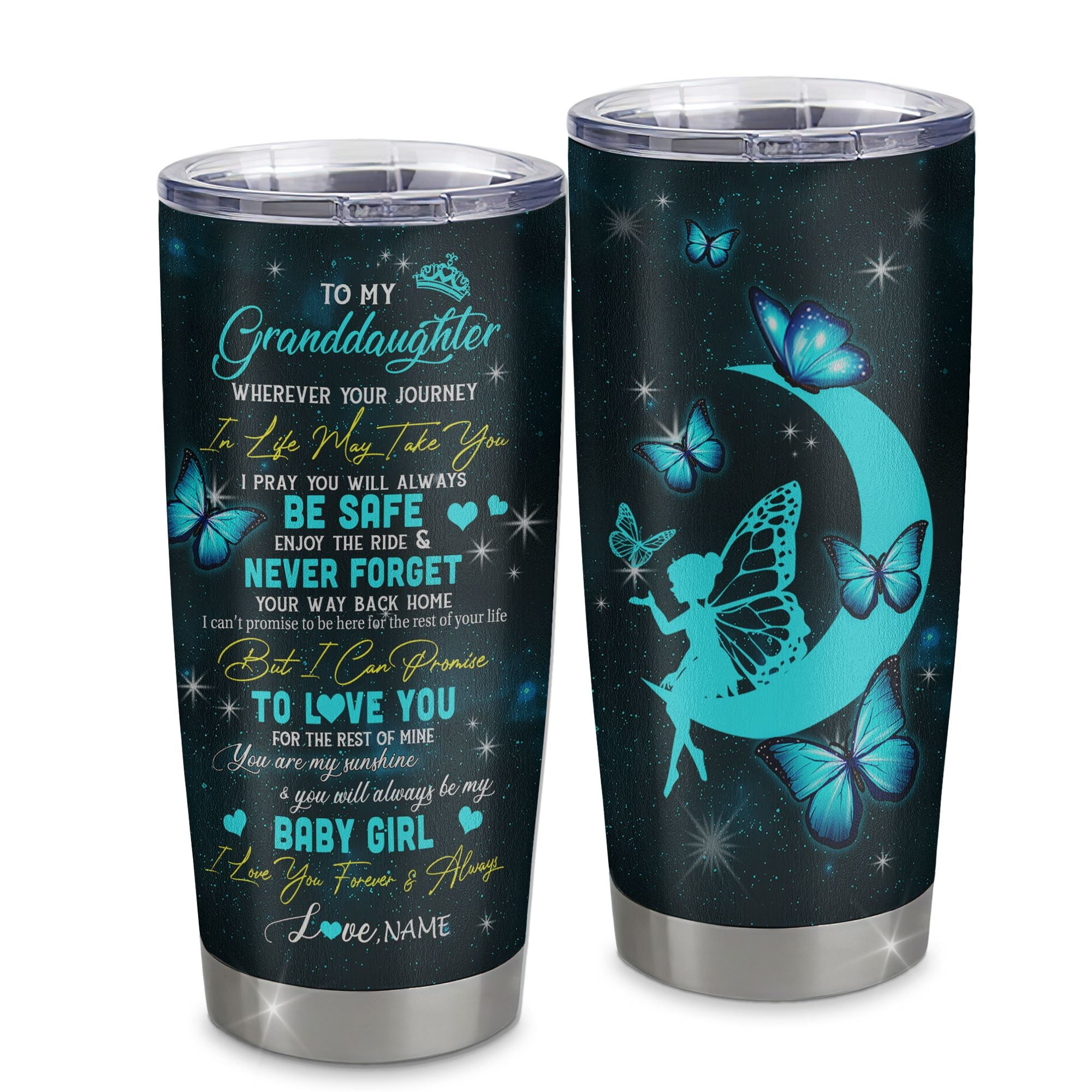 Personalized To My Granddaughter Tumbler From Grandma Grandpa Stainless Steel Cup Fairy Silhouette Fantasy Moon Granddaughter Birthday Gift