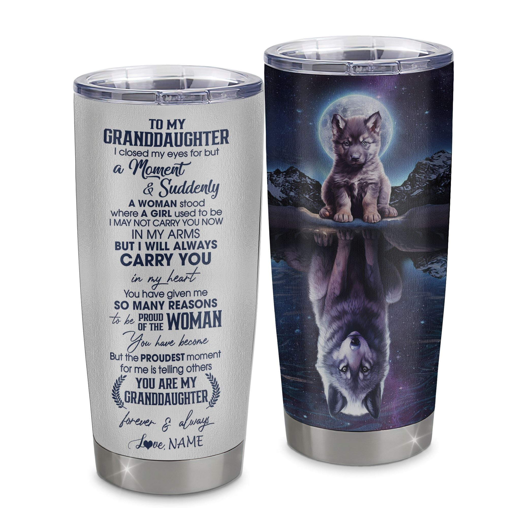 Personalized To My Granddaughter Tumbler From Grandma Stainless Steel Cup I Close My Eyes Wolf Granddaughter Birthday Gifts Graduation Gift
